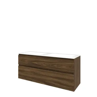 Proline Bathroom furniture - Washbasin elegant polystone - Cabana oak/Gloss white - 140x46x62 cm - Double washbasin with 2 tap holes - 2 asymmetrical drawers