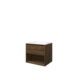 Proline Bathroom furniture - Washbasin elegant polystone - Cabana oak/Gloss white - 60x46x54 cm - Single washbasin with 1 tap hole - 1 drawer and 1 open shelf