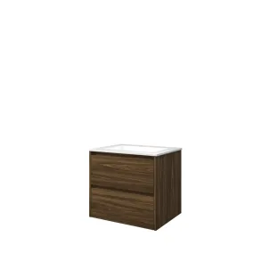 Proline Bathroom furniture - Washbasin elegant polystone - Cabana oak/Gloss white - 60x46x54 cm - Single washbasin with 1 tap hole - 2 symmetrical drawers