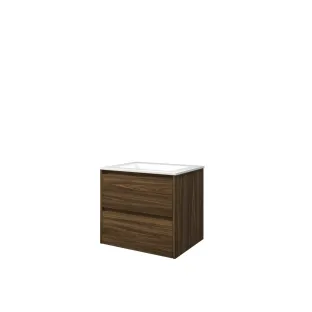 Proline Bathroom furniture - Washbasin elegant polystone - Cabana oak/Gloss white - 60x46x54 cm - Single washbasin without tap hole - 2 symmetrical drawers