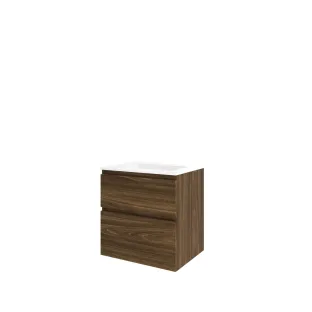 Proline Bathroom furniture - Washbasin elegant polystone - Cabana oak/Gloss white - 60x46x62 cm - Single washbasin with 1 tap hole - 2 asymmetrical drawers