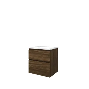 Proline Bathroom furniture - Washbasin elegant polystone - Cabana oak/Gloss white - 60x46x62 cm - Single washbasin without tap hole - 2 asymmetrical drawers