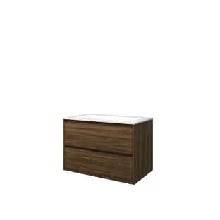 Proline Bathroom furniture - Washbasin elegant polystone - Cabana oak/Gloss white - 80x46x54 cm - Single washbasin with 1 tap hole - 2 symmetrical drawers