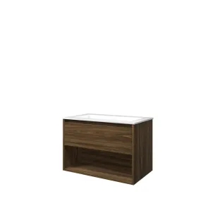 Proline Bathroom furniture - Washbasin elegant polystone - Cabana oak/Gloss white - 80x46x54 cm - Single washbasin without tap hole - 1 drawer and 1 open shelf