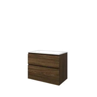 Proline Bathroom furniture - Washbasin elegant polystone - Cabana oak/Gloss white - 80x46x62 cm - Single washbasin with 1 tap hole - 2 asymmetrical drawers