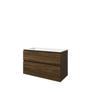 Proline Bathroom furniture - Washbasin elegant polystone - Cabana oak/Matt white - 100x46x62 cm - Single washbasin without tap hole - 2 asymmetrical drawers