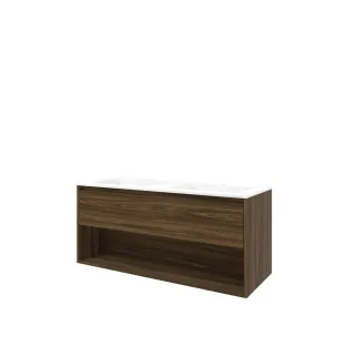 Proline Bathroom furniture - Washbasin elegant polystone - Cabana oak/Matt white - 120x46x54 cm - Double washbasin without tap hole - 1 drawer and 1 open shelf