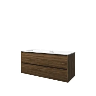 Proline Bathroom furniture - Washbasin elegant polystone - Cabana oak/Matt white - 120x46x54 cm - Double washbasin without tap hole - 2 symmetrical drawers