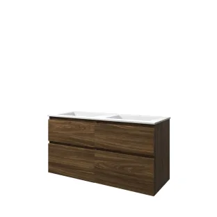 Proline Bathroom furniture - Washbasin elegant polystone - Cabana oak/Matt white - 120x46x62 cm - Double washbasin with 2 tap holes - 4 asymmetrical drawers