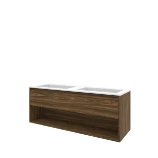 Proline Bathroom furniture - Washbasin elegant polystone - Cabana oak/Matt white - 140x46x54 cm - Double washbasin with 2 tap holes - 1 drawer and 1 open shelf