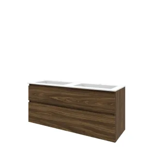 Proline Bathroom furniture - Washbasin elegant polystone - Cabana oak/Matt white - 140x46x62 cm - Double washbasin with 2 tap holes - 2 asymmetrical drawers