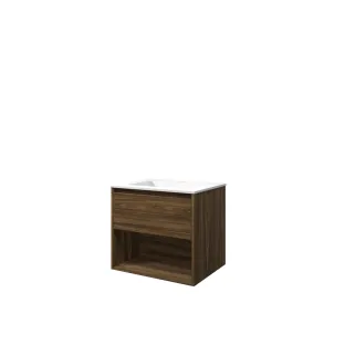 Proline Bathroom furniture - Washbasin elegant polystone - Cabana oak/Matt white - 60x46x54 cm - Single washbasin with 1 tap hole - 1 drawer and 1 open shelf