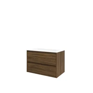 Proline Bathroom furniture - Washbasin elegant polystone - Cabana oak/Matt white - 80x46x54 cm - Single washbasin without tap hole - 2 symmetrical drawers