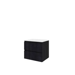 Proline Bathroom furniture - Washbasin elegant polystone - Charcoal oak/Gloss white - 60x46x54 cm - Single washbasin with 1 tap hole - 2 drawers milled vertically