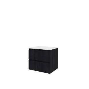 Proline Bathroom furniture - Elegant polystone washbasin - Charcoal oak/Gloss white - 60x46x54 cm - Single washbasin without tap hole - 2 drawers milled vertically