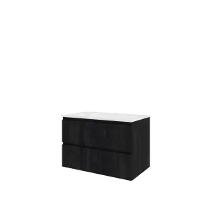 Proline Bathroom furniture - Elegant polystone washbasin - Charcoal oak/Gloss white - 80x46x54 cm - Single washbasin with 1 tap hole - 2 vertically milled drawers