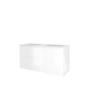 Proline Bathroom furniture - Washbasin elegant polystone - Gloss white/Gloss white - 120x46x62 cm - Double washbasin without tap hole - 2 asymmetrical drawers