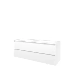 Proline Bathroom furniture - Washbasin elegant polystone - Gloss white/Gloss white - 140x46x54 cm - Double washbasin with 2 tap holes - 2 symmetrical drawers