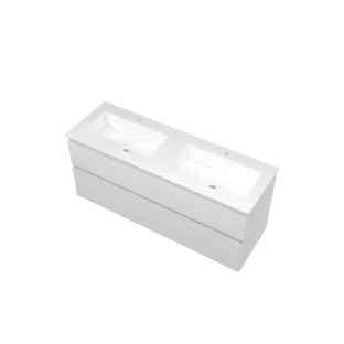 Proline Bathroom furniture - Washbasin elegant polystone - Gloss white/Gloss white - 140x46x62 cm - Double washbasin with 2 tap holes - 2 asymmetrical drawers