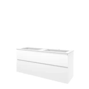 Proline Bathroom furniture - Elegant polystone washbasin - Glossy white/Matt white - 140x46x62 cm - Double washbasin with 2 tap holes - 2 asymmetrical drawers