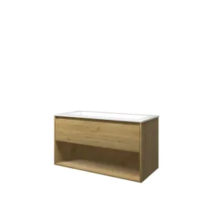 Proline Bathroom furniture - Washbasin elegant polystone - Ideal oak/Gloss white - 100x46x54 cm - Single washbasin with 1 tap hole - 1 drawer and 1 open shelf