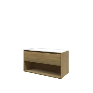 Proline Bathroom furniture - Washbasin elegant polystone - Ideal oak/Gloss white - 100x46x54 cm - Single washbasin with 2 tap holes - 1 drawer and 1 open shelf