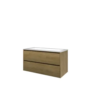 Proline Bathroom furniture - Washbasin elegant polystone - Ideal oak/Gloss white - 100x46x54 cm - Single washbasin with 2 tap holes - 2 symmetrical drawers