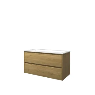 Proline Bathroom furniture - Washbasin elegant polystone - Ideal oak/Gloss white - 100x46x54 cm - Single washbasin without tap hole - 2 symmetrical drawers