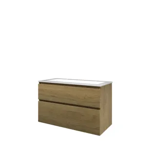 Proline Bathroom furniture - Washbasin elegant polystone - Ideal oak/Gloss white - 100x46x62 cm - Single washbasin with 2 tap holes - 2 asymmetrical drawers