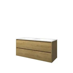 Proline Bathroom furniture - Washbasin elegant polystone - Ideal oak/Gloss white - 120x46x54 cm - Double washbasin with 2 tap holes - 2 symmetrical drawers