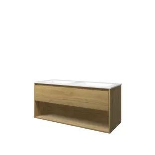 Proline Bathroom furniture - Washbasin elegant polystone - Ideal oak/Gloss white - 120x46x54 cm - Double washbasin without tap hole - 1 drawer and 1 open shelf