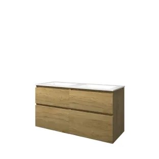 Proline Bathroom furniture - Washbasin elegant polystone - Ideal oak/Gloss white - 120x46x62 cm - Double washbasin with 2 tap holes - 4 asymmetrical drawers