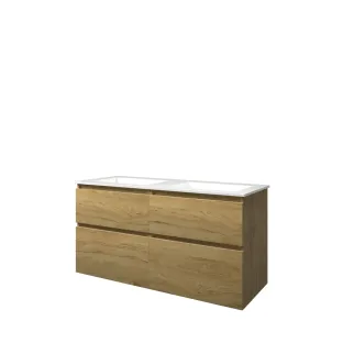 Proline Bathroom furniture - Washbasin elegant polystone - Ideal oak/Gloss white - 120x46x62 cm - Double washbasin without tap hole - 4 asymmetrical drawers