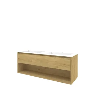 Proline Bathroom furniture - Washbasin elegant polystone - Ideal oak/Gloss white - 140x46x54 cm - Double washbasin with 2 tap holes - 1 drawer and 1 open shelf