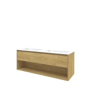 Proline Bathroom furniture - Washbasin elegant polystone - Ideal oak/Gloss white - 140x46x54 cm - Double washbasin without tap hole - 1 drawer and 1 open shelf