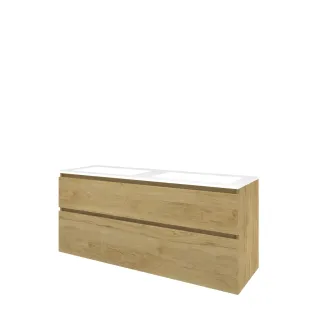 Proline Bathroom furniture - Washbasin elegant polystone - Ideal oak/Gloss white - 140x46x62 cm - Double washbasin with 2 tap holes - 2 asymmetrical drawers