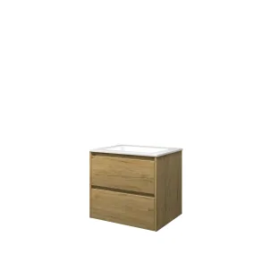 Proline Bathroom furniture - Washbasin elegant polystone - Ideal oak/Gloss white - 60x46x54 cm - Single washbasin with 1 tap hole - 2 symmetrical drawers