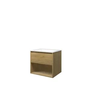 Proline Bathroom furniture - Washbasin elegant polystone - Ideal oak/Gloss white - 60x46x54 cm - Single washbasin without tap hole - 1 drawer and 1 open shelf