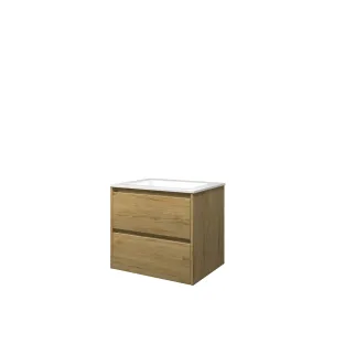 Proline Bathroom furniture - Elegant polystone washbasin - Ideal oak/Gloss white - 60x46x54 cm - Single washbasin without tap hole - 2 symmetrical drawers