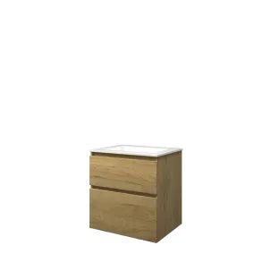 Proline Bathroom furniture - Washbasin elegant polystone - Ideal oak/Gloss white - 60x46x62 cm - Single washbasin without tap hole - 2 asymmetrical drawers