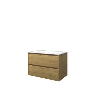 Proline Bathroom furniture - Washbasin elegant polystone - Ideal oak/Gloss white - 80x46x54 cm - Single washbasin with 1 tap hole - 2 symmetrical drawers