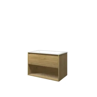 Proline Bathroom furniture - Washbasin elegant polystone - Ideal oak/Gloss white - 80x46x54 cm - Single washbasin without tap hole - 1 drawer and 1 open shelf