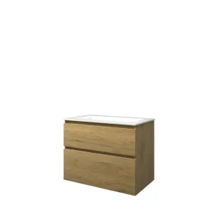 Proline Bathroom furniture - Washbasin elegant polystone - Ideal oak/Gloss white - 80x46x62 cm - Single washbasin without tap hole - 2 asymmetrical drawers