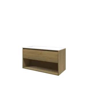 Proline Bathroom furniture - Washbasin elegant polystone - Ideal oak/Matt white - 100x46x54 cm - Single washbasin with 2 tap holes - 1 drawer and 1 open shelf