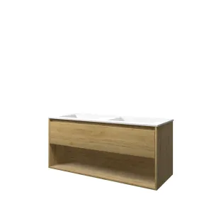 Proline Bathroom furniture - Washbasin elegant polystone - Ideal oak/Matt white - 120x46x54 cm - Double washbasin without tap hole - 1 drawer and 1 open shelf