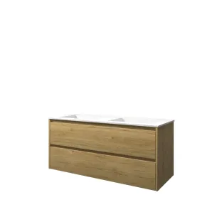 Proline Bathroom furniture - Washbasin elegant polystone - Ideal oak/Matt white - 120x46x54 cm - Double washbasin without tap hole - 2 symmetrical drawers