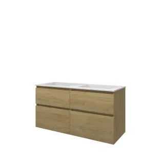 Proline Bathroom furniture - Washbasin elegant polystone - Ideal oak/Matt white - 120x46x62 cm - Double washbasin without tap hole - 4 asymmetrical drawers