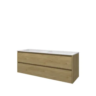 Proline Bathroom furniture - Washbasin elegant polystone - Ideal oak/Matt white - 140x46x54 cm - Double washbasin with 2 tap holes - 2 symmetrical drawers