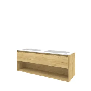 Proline Bathroom furniture - Washbasin elegant polystone - Ideal oak/Matt white - 140x46x54 cm - Double washbasin without tap hole - 1 drawer and 1 open shelf