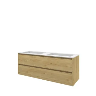 Proline Bathroom furniture - Washbasin elegant polystone - Ideal oak/Matt white - 140x46x54 cm - Double washbasin without tap hole - 2 symmetrical drawers